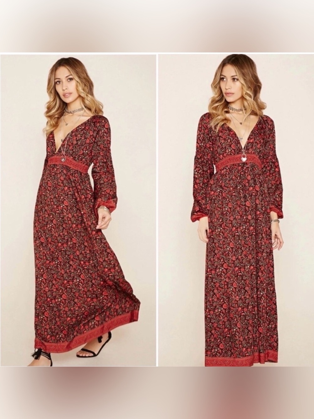 RAGA Anthropologie Bohemian Red Floral Plunge Neck Maxi Dress